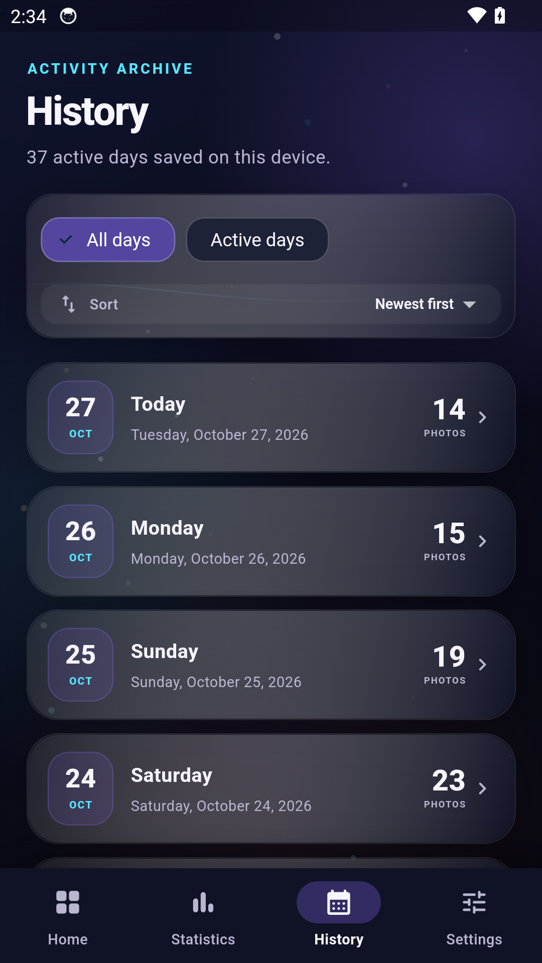 Photo Stats Tracker history screen