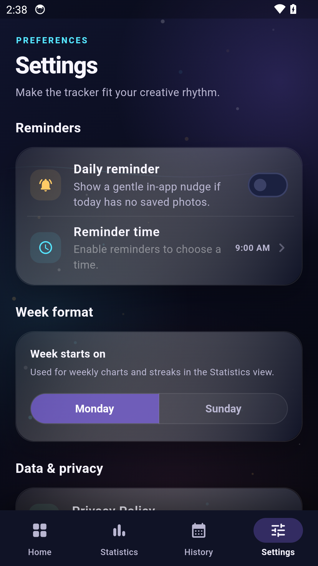 Photo Stats Tracker settings screen