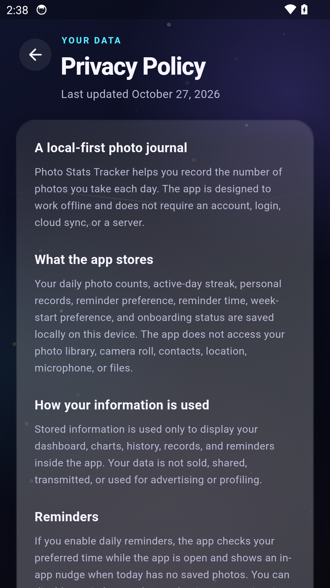 Photo Stats Tracker privacy screen
